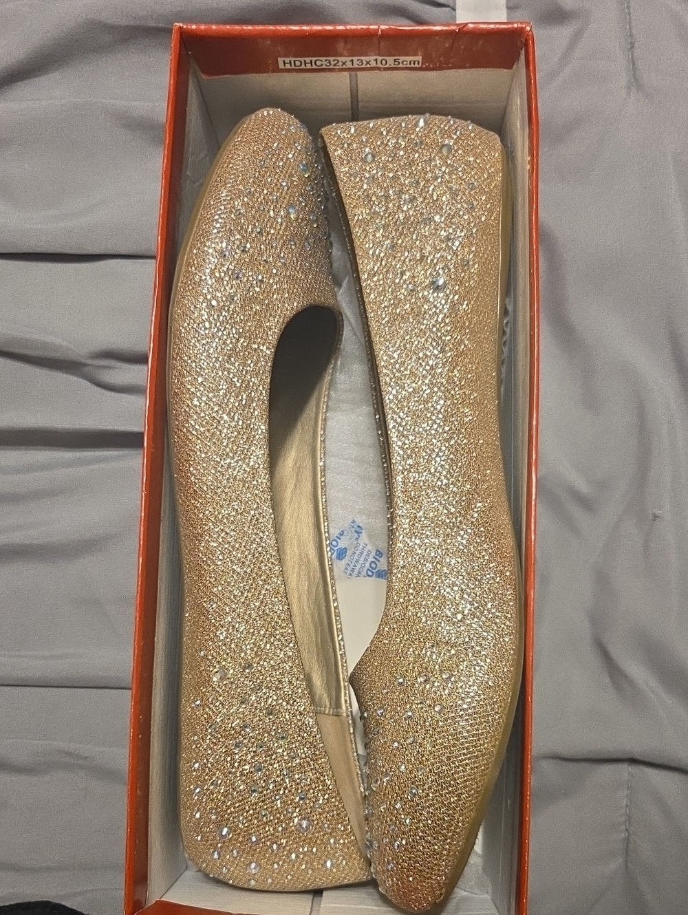 Hot Cakes Gold Ballet Flats with Crystal Accents-The Top of the box is missing